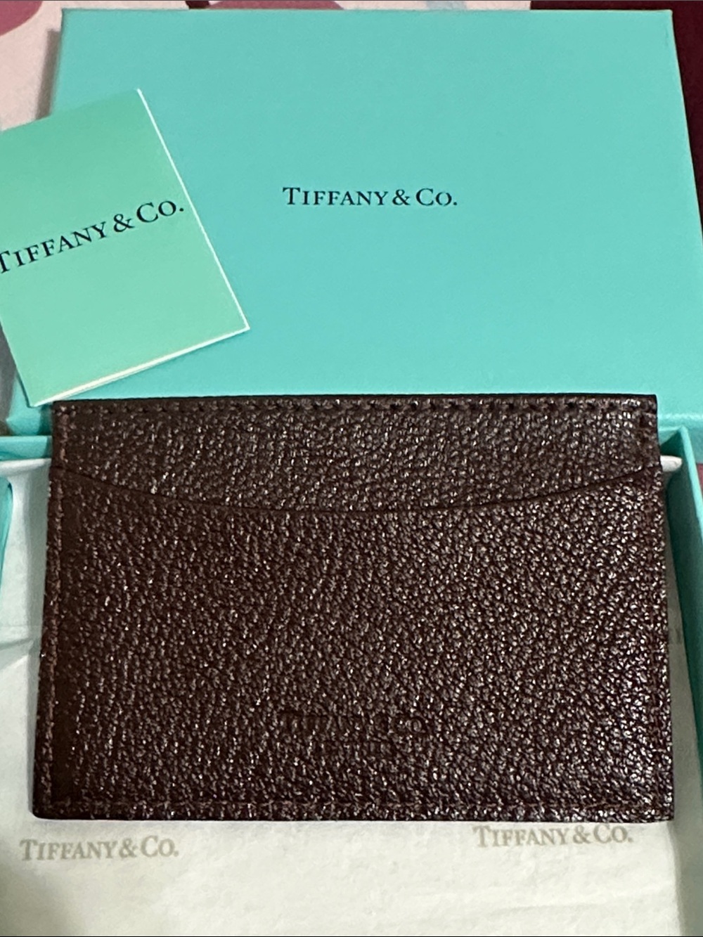 Tiffany & Co. Brown Textured Leather Card Holder Unisex